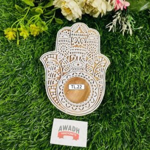 Hamsa hand Design Hand-carved wooden tealight candle holder TL.22