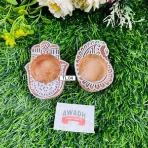 A set of Hamsa hand and paisley-shaped Hand-carved wooden tealight candle holder TL.04