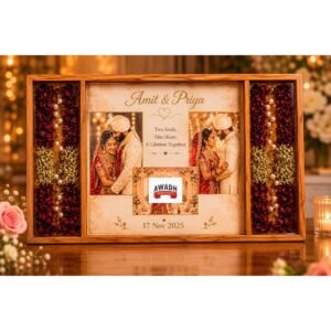 Teakwood Epoxy resin art 3-partition varmala preservation frame for displaying wedding garlands.