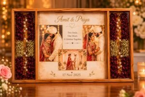 Teakwood Epoxy resin art 3-partition varmala preservation frame for displaying wedding garlands.