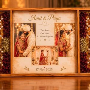 Teakwood Epoxy resin art 3-partition varmala preservation frame for displaying wedding garlands.